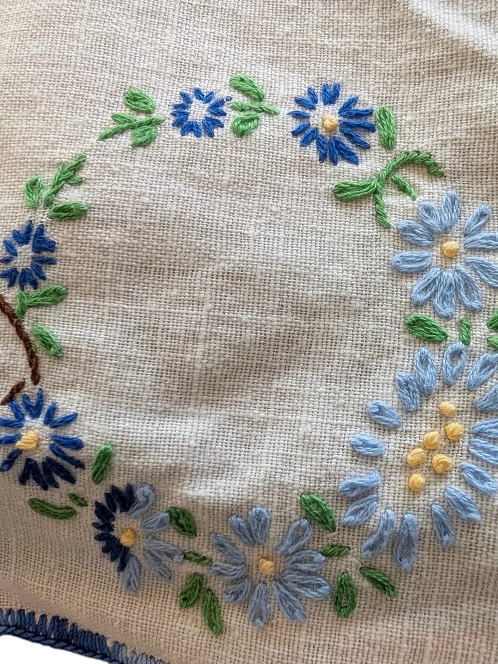 Hand-Embroidered Floral Linen Table Runner in Cream and Blue